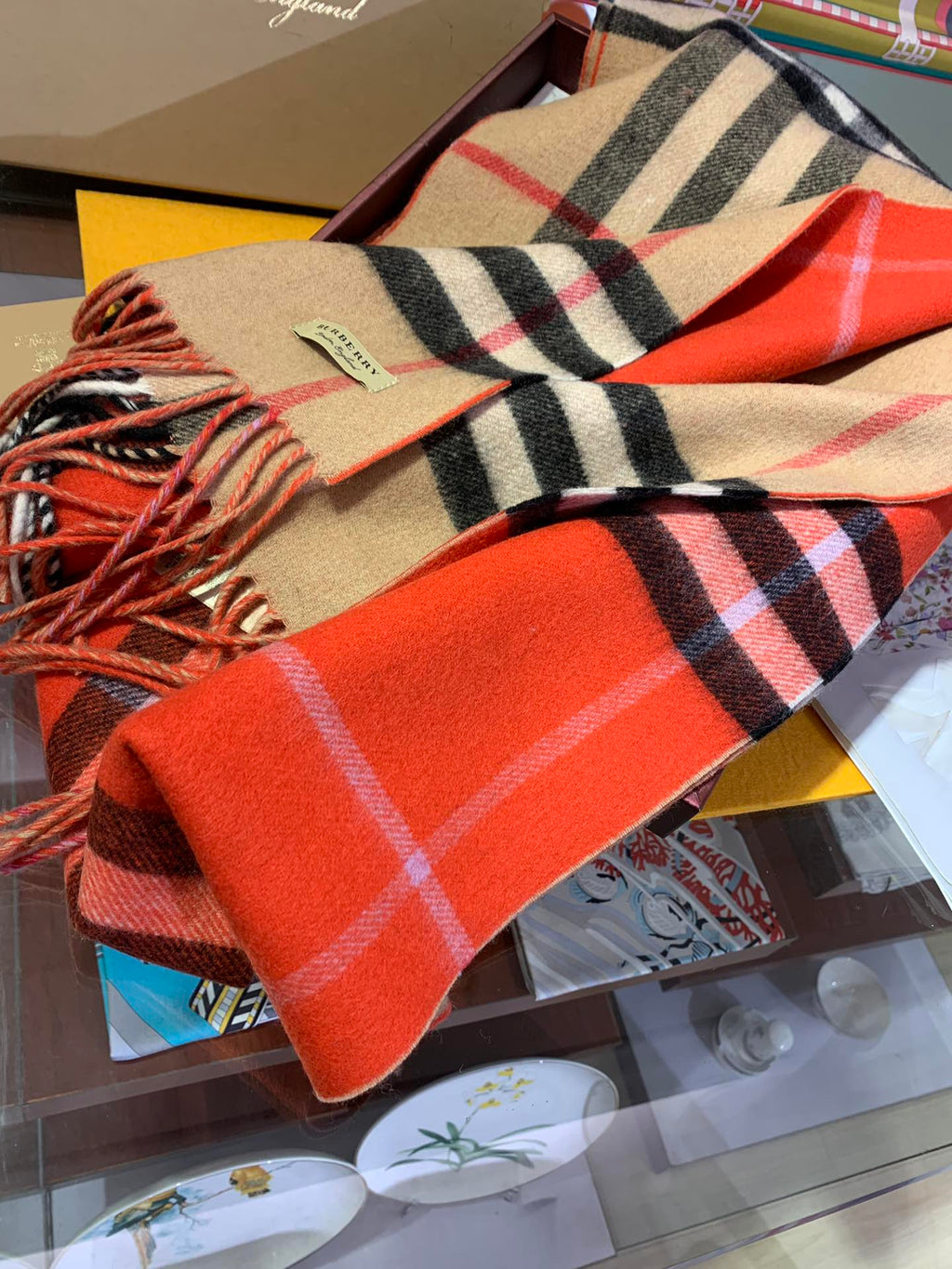 BURBERRY LONG SCARF 250 CM IN TIGER ORANGE AND BEIGE CASHMERE 410473