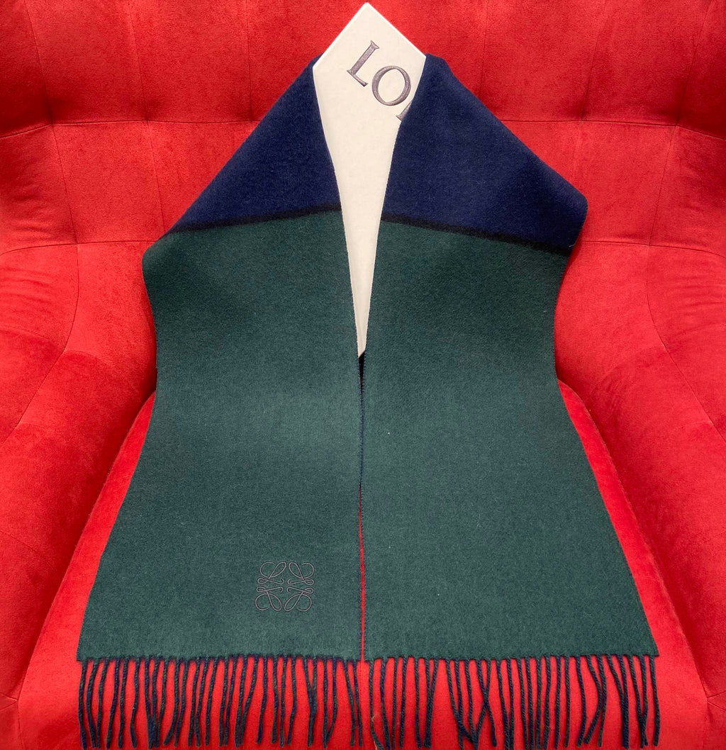 LOEWE SCARF 180 CM IN GREEN FOREST MIX NAVY BLUE WOOL 410001