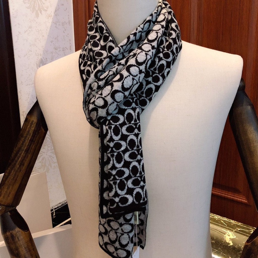 COACH KNIT CASHMERE SCARF BLACK MIX WHITE 619589