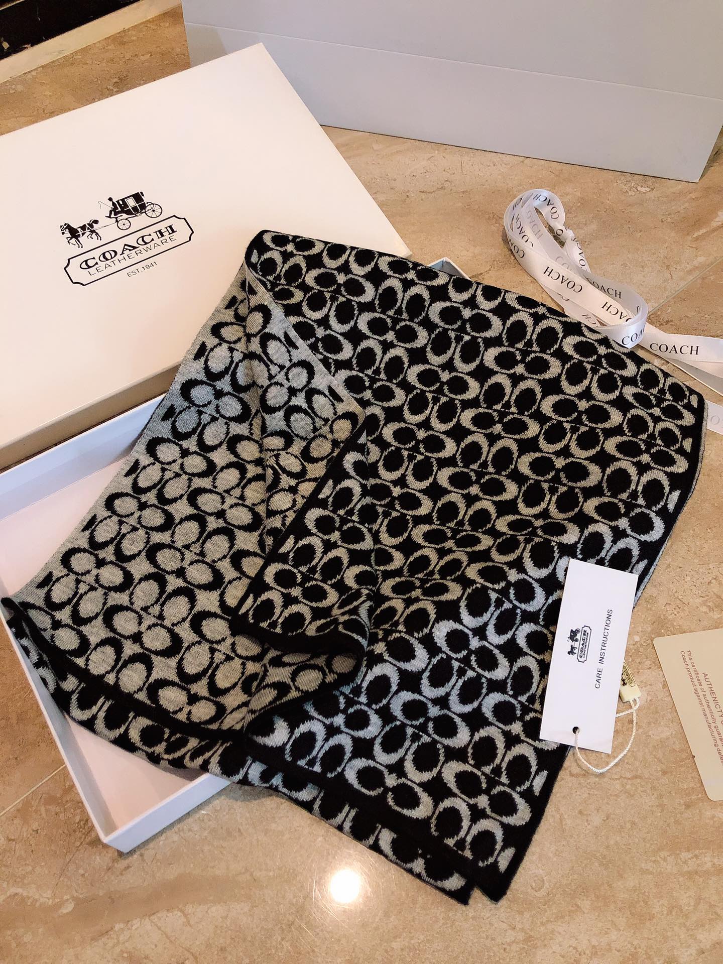 COACH KNIT CASHMERE SCARF BLACK MIX WHITE 619589