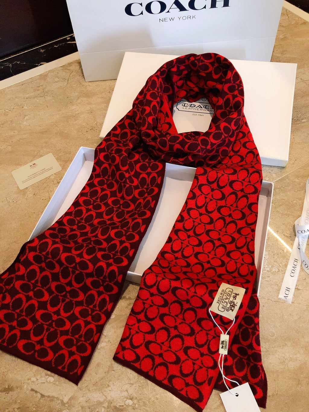 COACH KNIT CASHMERE SCARF GARNET RED MIX BLACK 619590