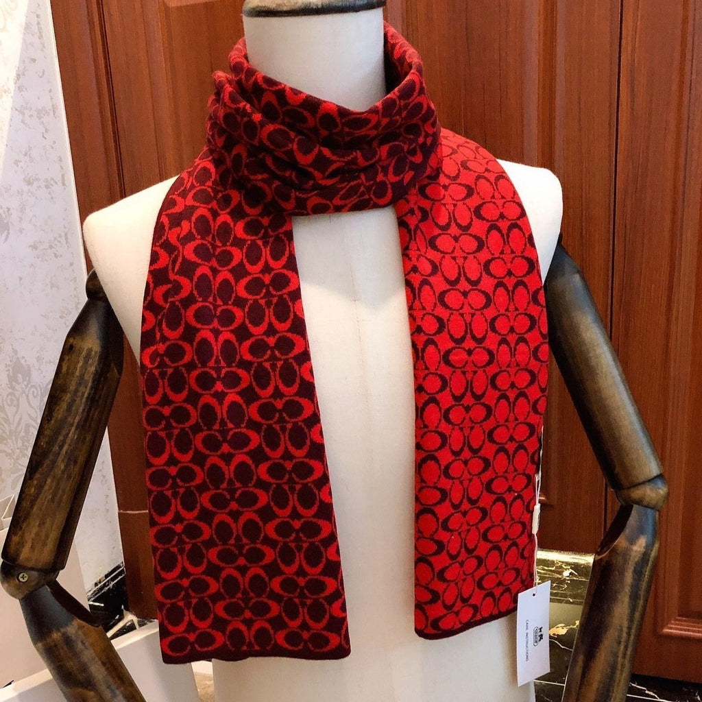 COACH KNIT CASHMERE SCARF GARNET RED MIX BLACK 619590