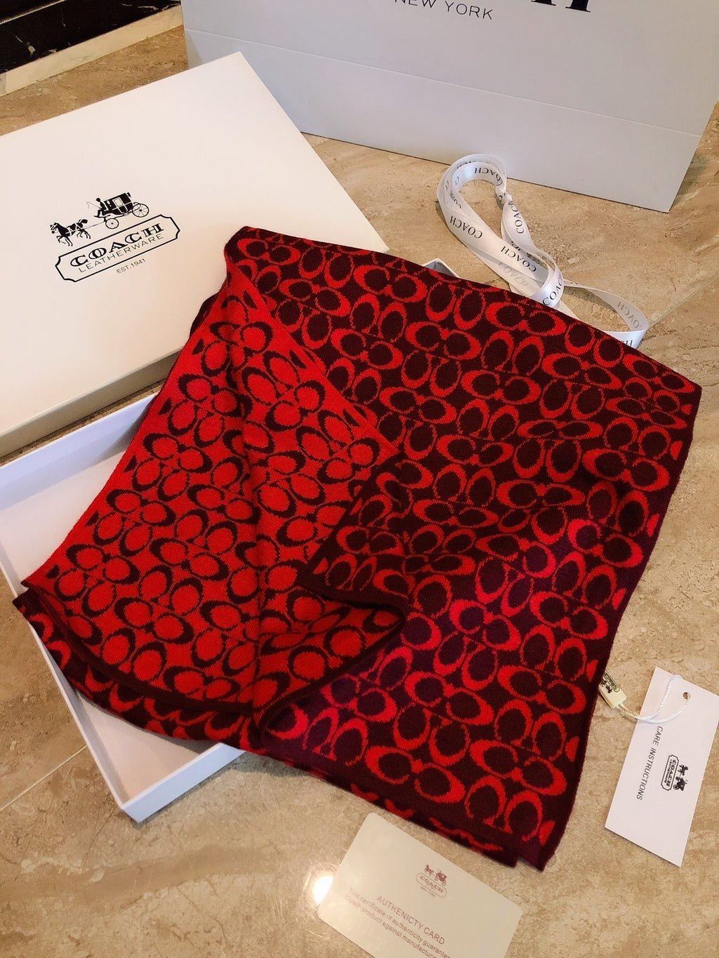 COACH KNIT CASHMERE SCARF GARNET RED MIX BLACK 619590