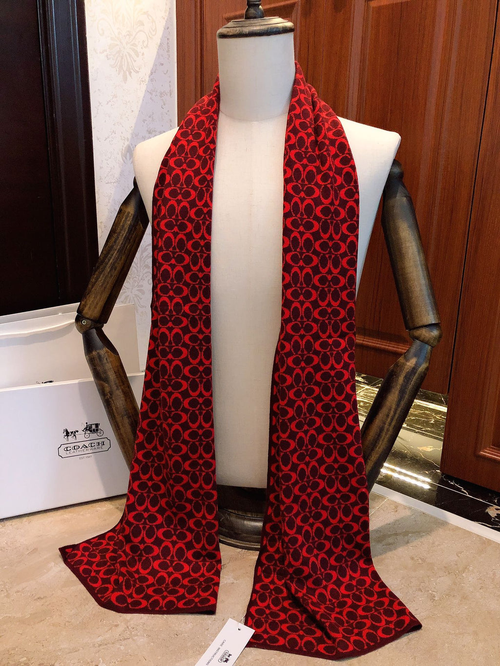 COACH KNIT CASHMERE SCARF GARNET RED MIX BLACK 619590