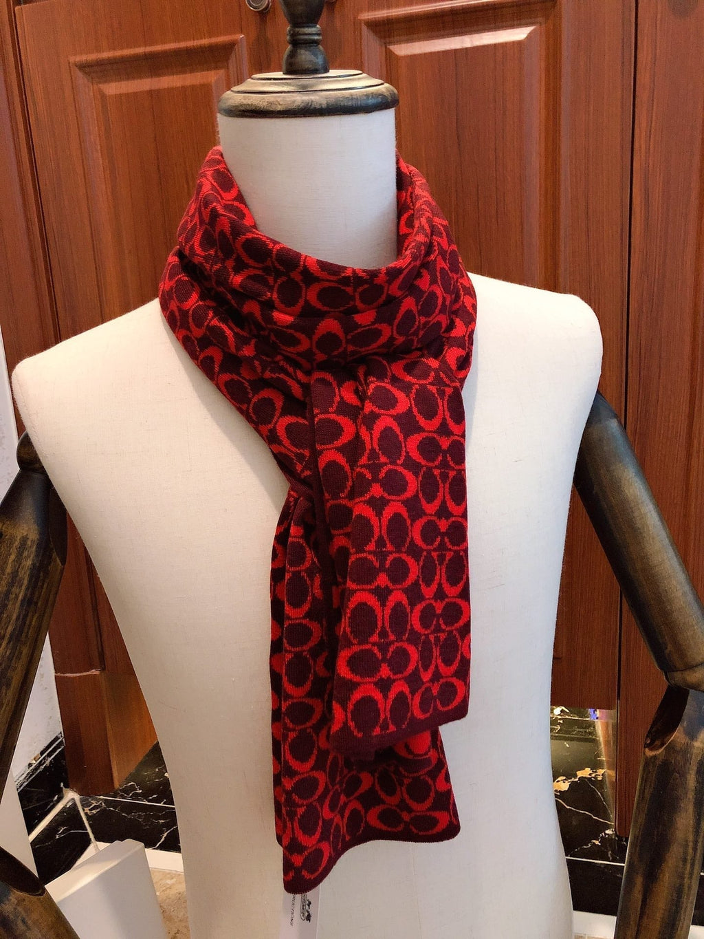 COACH KNIT CASHMERE SCARF GARNET RED MIX BLACK 619590