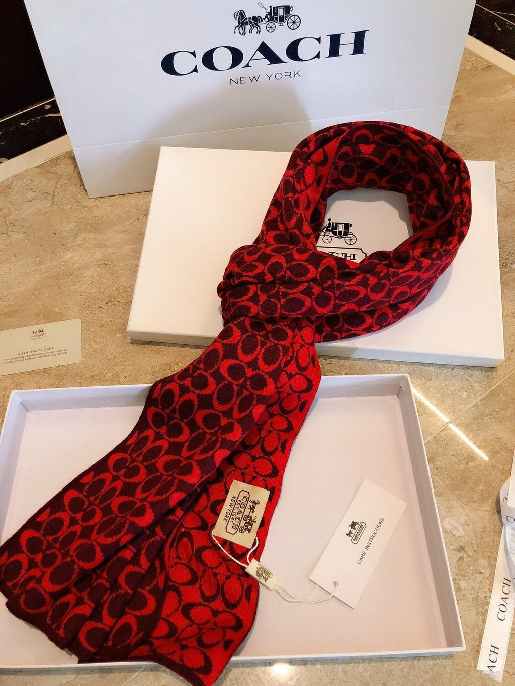 COACH KNIT CASHMERE SCARF GARNET RED MIX BLACK 619590
