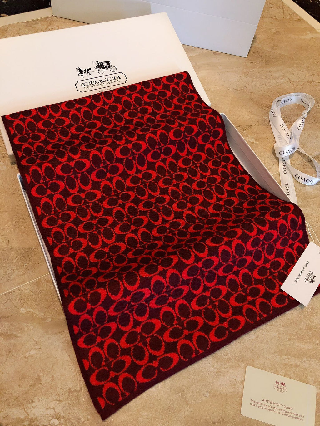 COACH KNIT CASHMERE SCARF GARNET RED MIX BLACK 619590