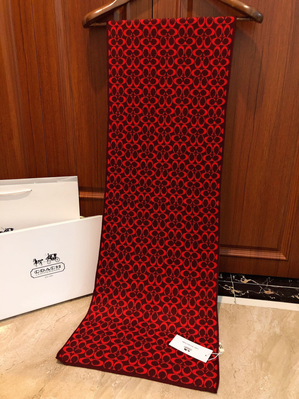 COACH KNIT CASHMERE SCARF GARNET RED MIX BLACK 619590