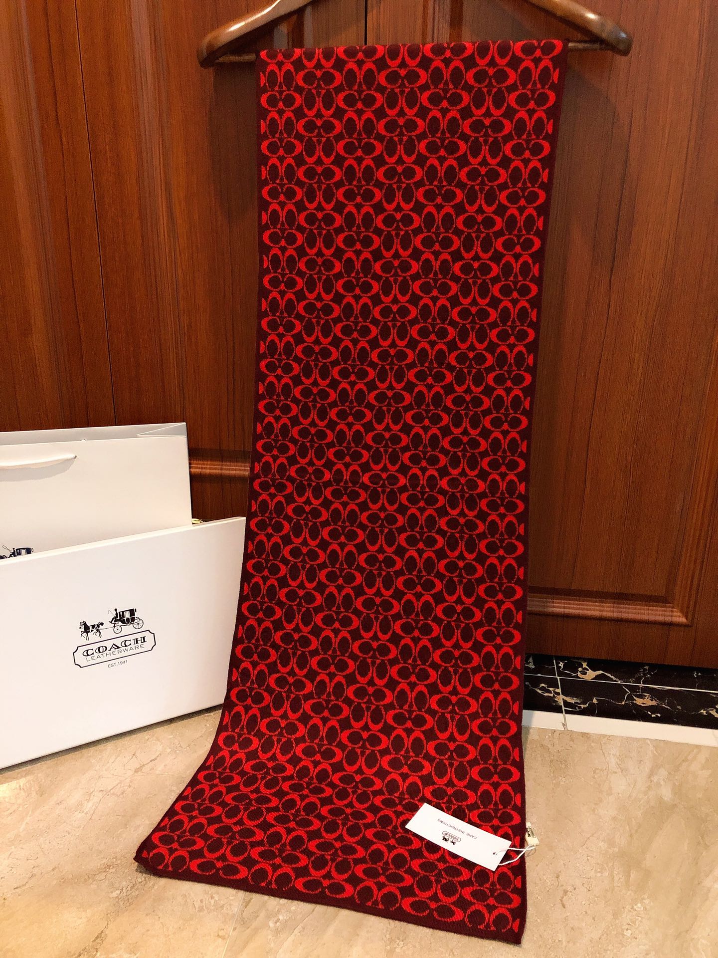 COACH KNIT CASHMERE SCARF GARNET RED MIX BLACK 619590
