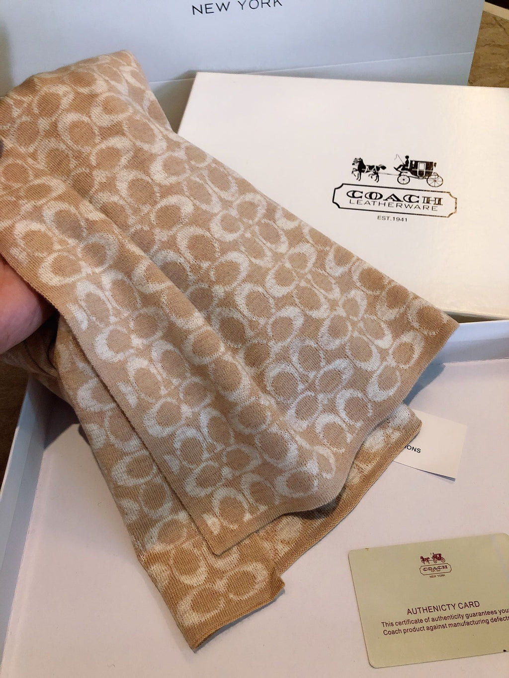 COACH KNIT CASHMERE SCARF CAMEL BROWN MIX WHITE  619591