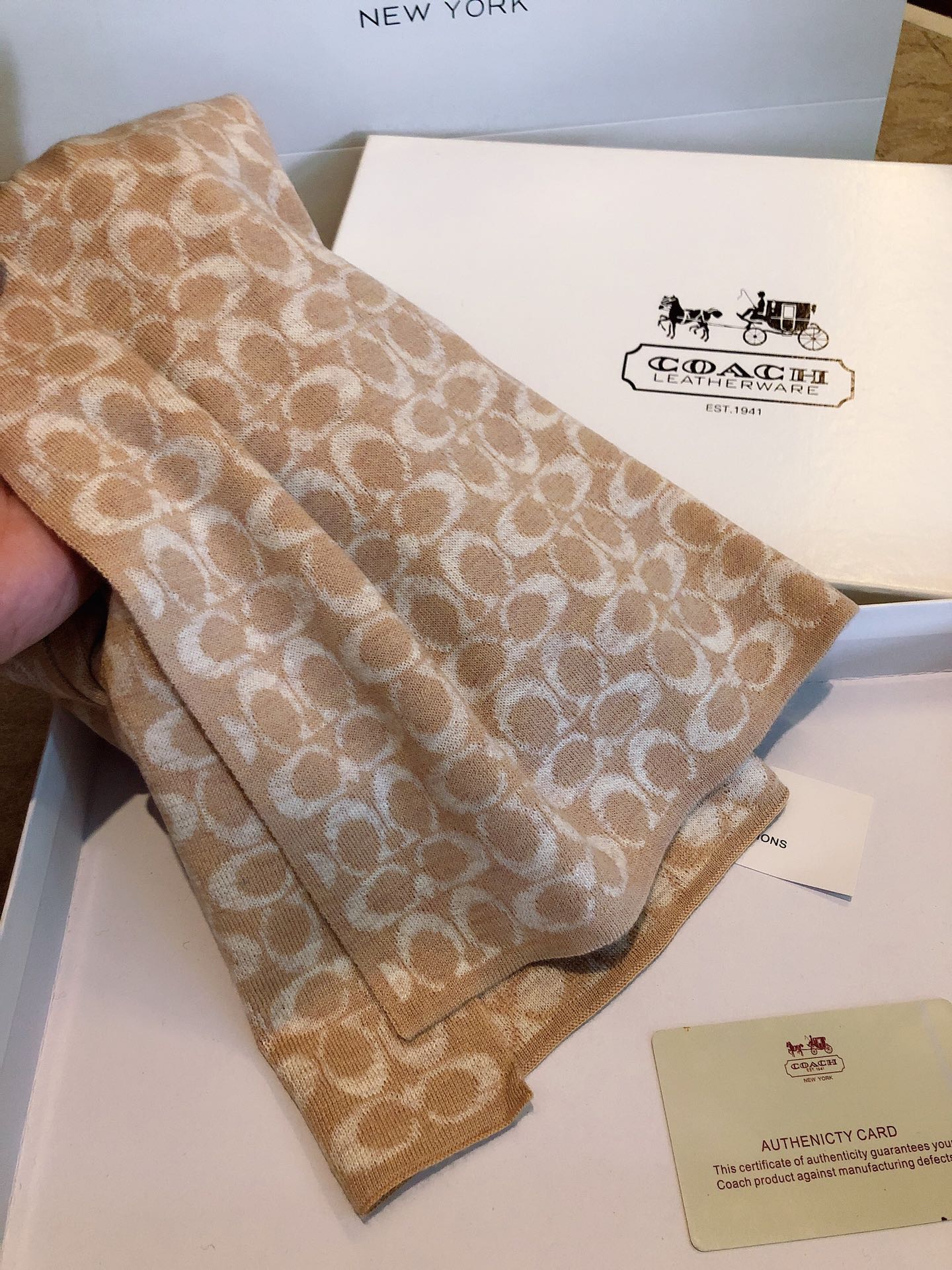 COACH KNIT CASHMERE SCARF CAMEL BROWN MIX WHITE  619591