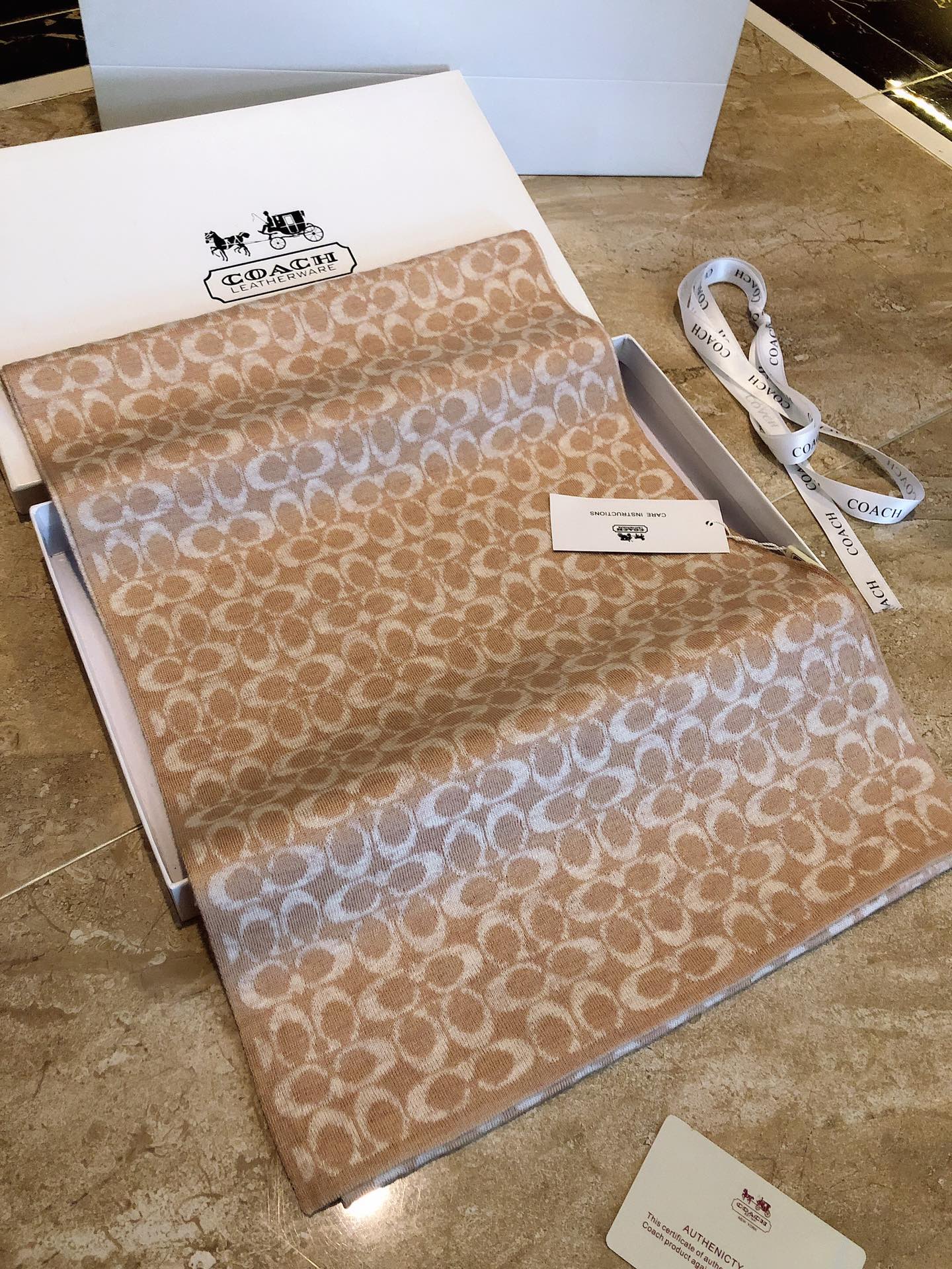 COACH KNIT CASHMERE SCARF CAMEL BROWN MIX WHITE  619591