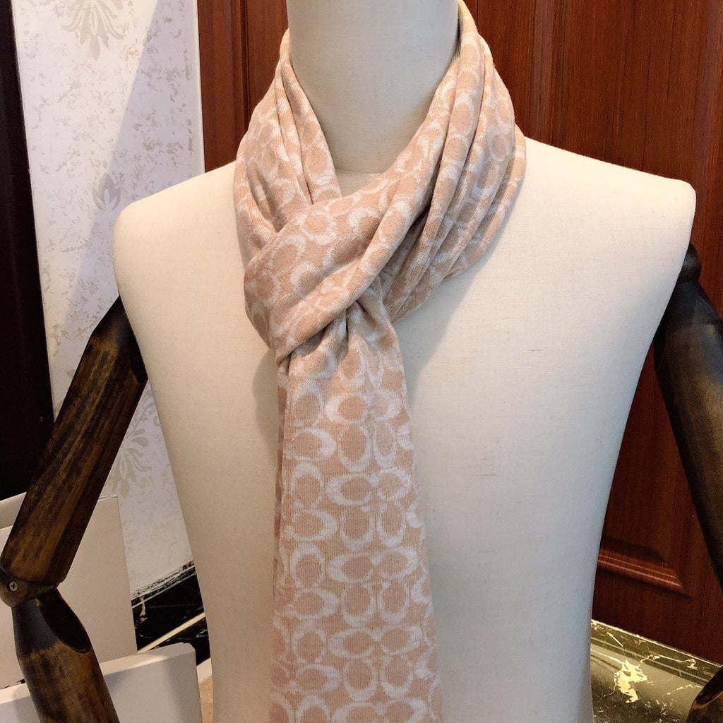 COACH KNIT CASHMERE SCARF CAMEL BROWN MIX WHITE  619591
