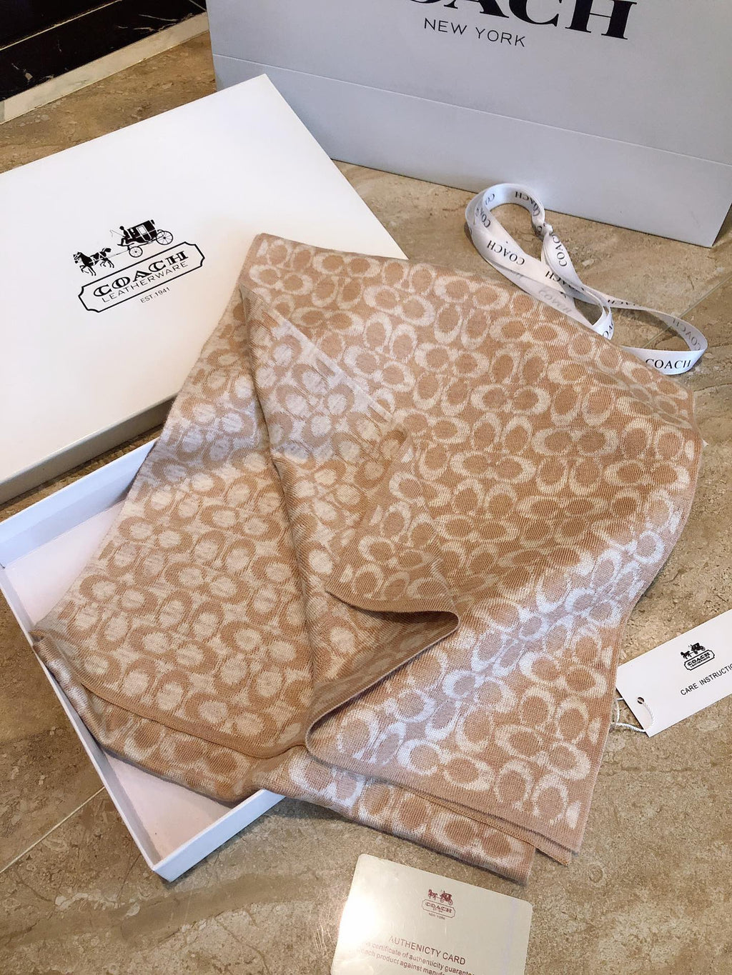 COACH KNIT CASHMERE SCARF CAMEL BROWN MIX WHITE  619591
