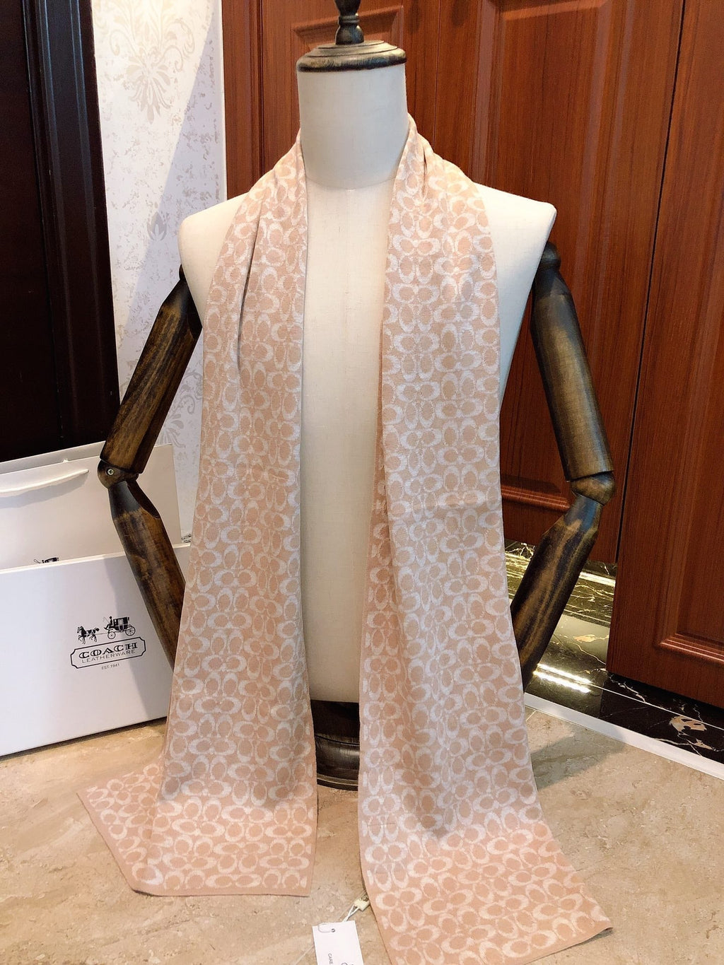 COACH KNIT CASHMERE SCARF CAMEL BROWN MIX WHITE  619591
