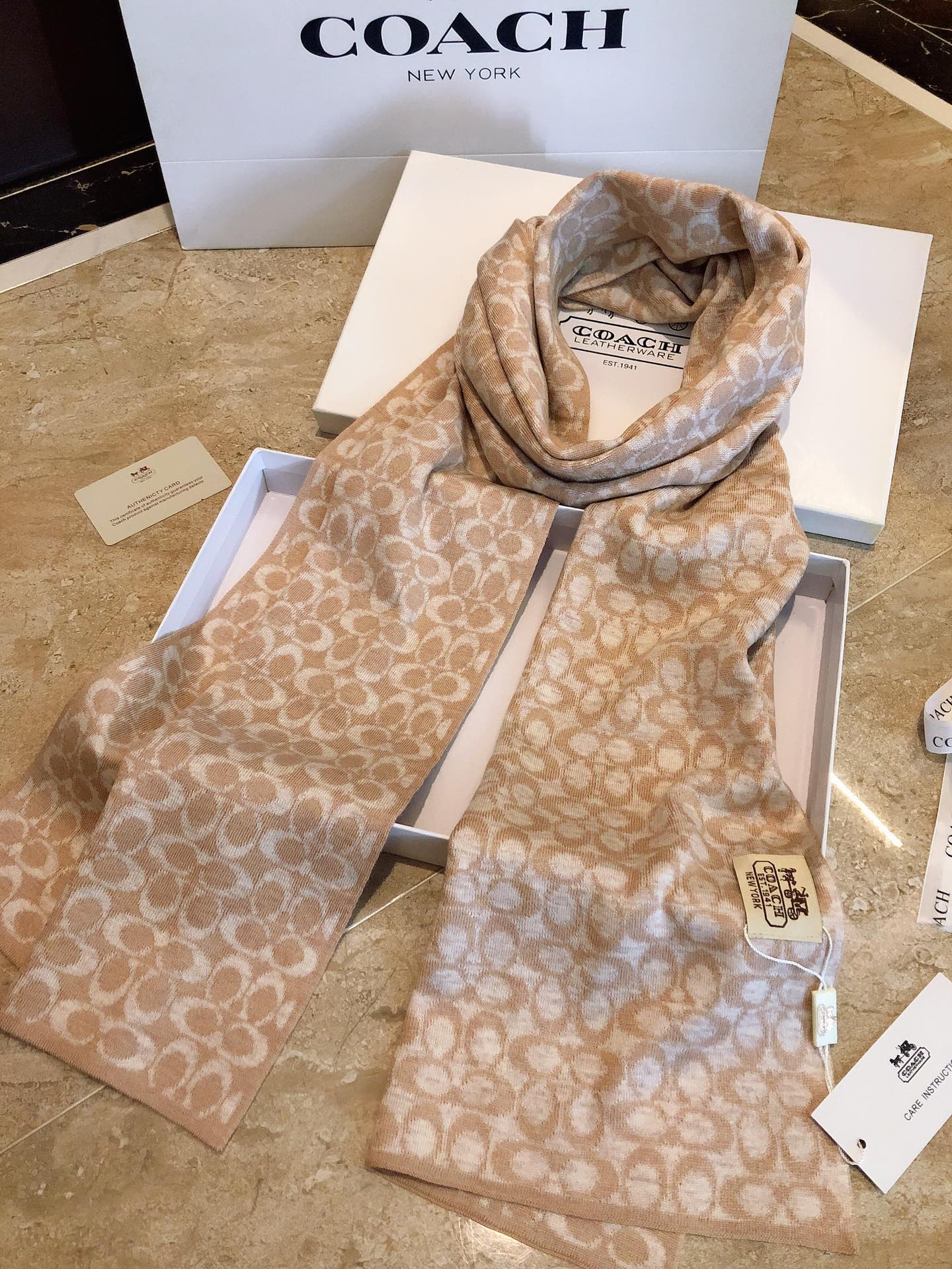 COACH KNIT CASHMERE SCARF CAMEL BROWN MIX WHITE  619591