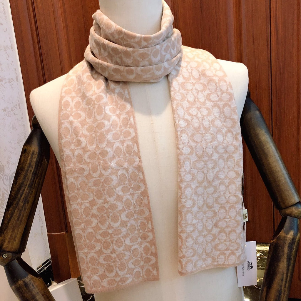 COACH KNIT CASHMERE SCARF CAMEL BROWN MIX WHITE  619591