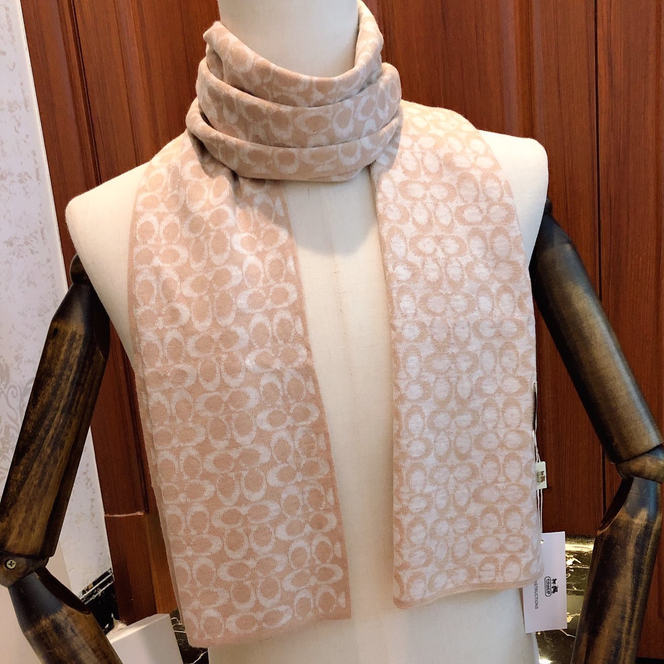 COACH KNIT CASHMERE SCARF CAMEL BROWN MIX WHITE  619591