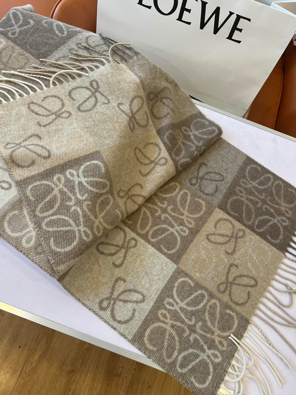 LOEWE SCARF 180 CM IN WHITE MIX BEIGE WOOL AND CASHMERE 410095