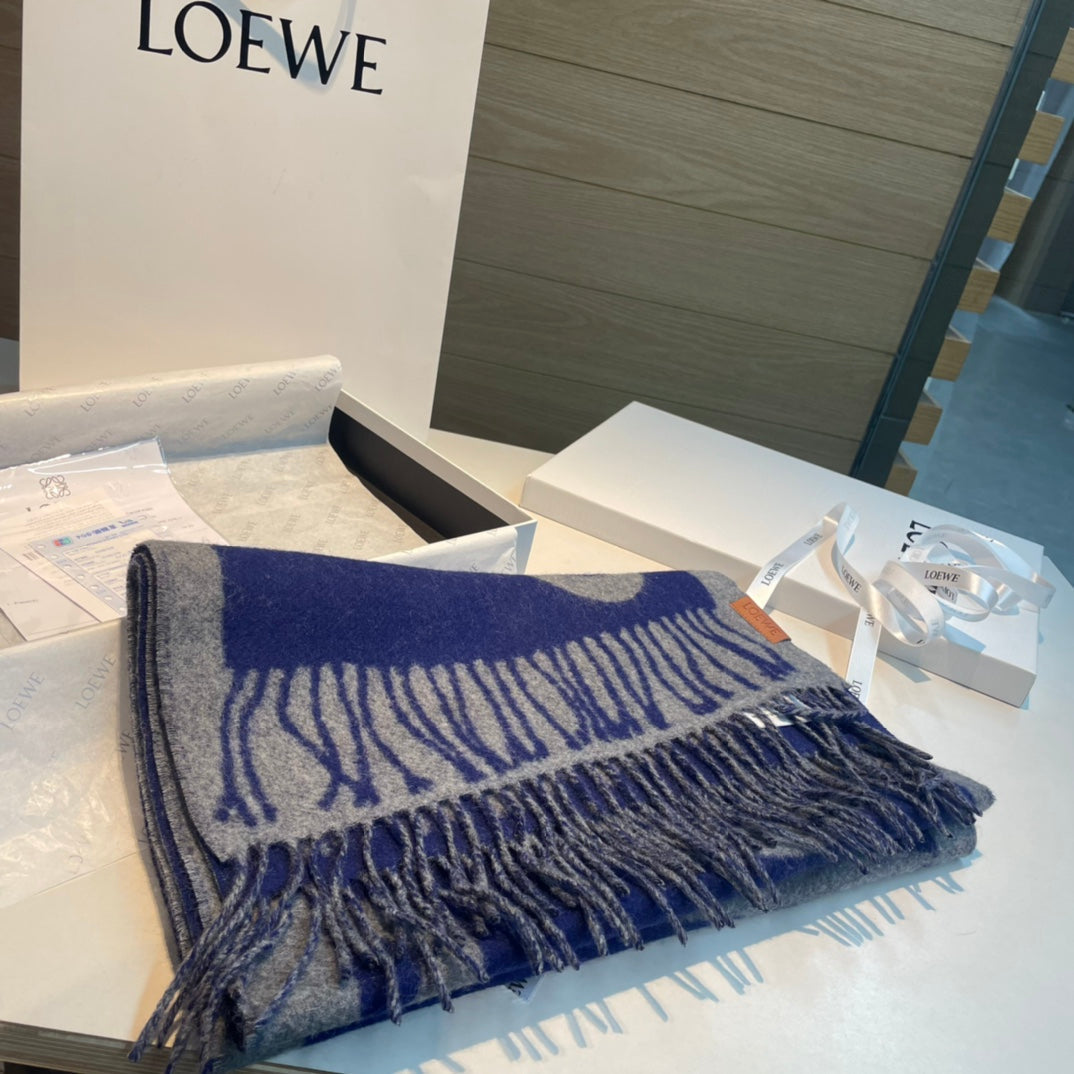 LOEWE SCARF 180 CM IN INDIGO BLUE MIX LIGHT GRAY WOOL AND CASHMERE 415267