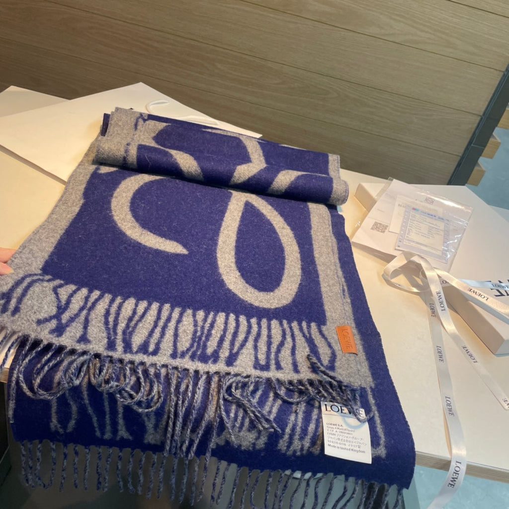 LOEWE SCARF 180 CM IN INDIGO BLUE MIX LIGHT GRAY WOOL AND CASHMERE 415267