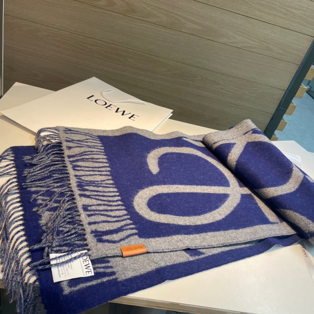 LOEWE SCARF 180 CM IN INDIGO BLUE MIX LIGHT GRAY WOOL AND CASHMERE 415267