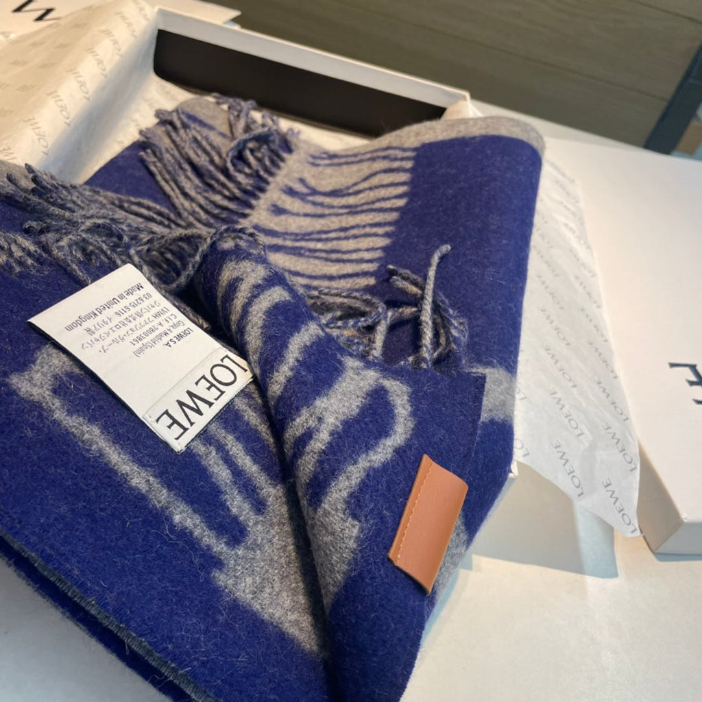 LOEWE SCARF 180 CM IN INDIGO BLUE MIX LIGHT GRAY WOOL AND CASHMERE 415267
