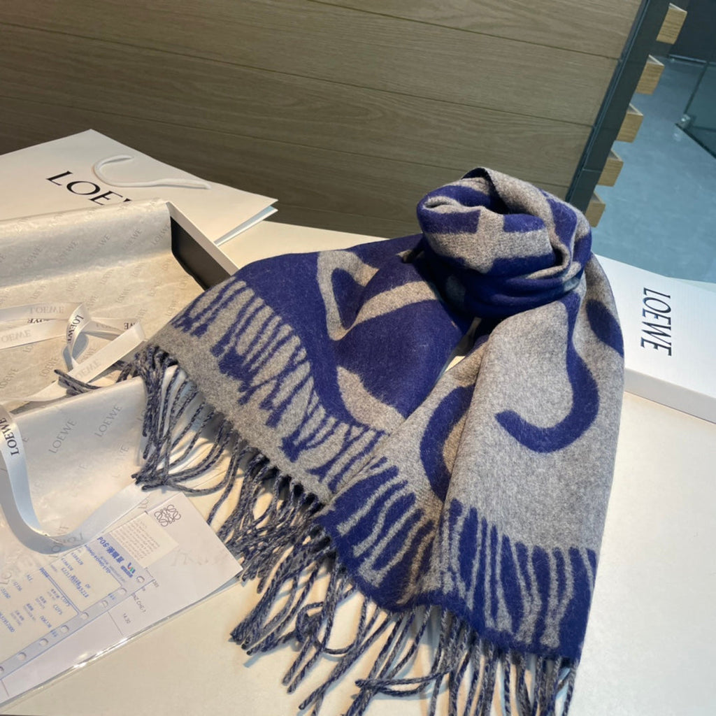 LOEWE SCARF 180 CM IN INDIGO BLUE MIX LIGHT GRAY WOOL AND CASHMERE 415267
