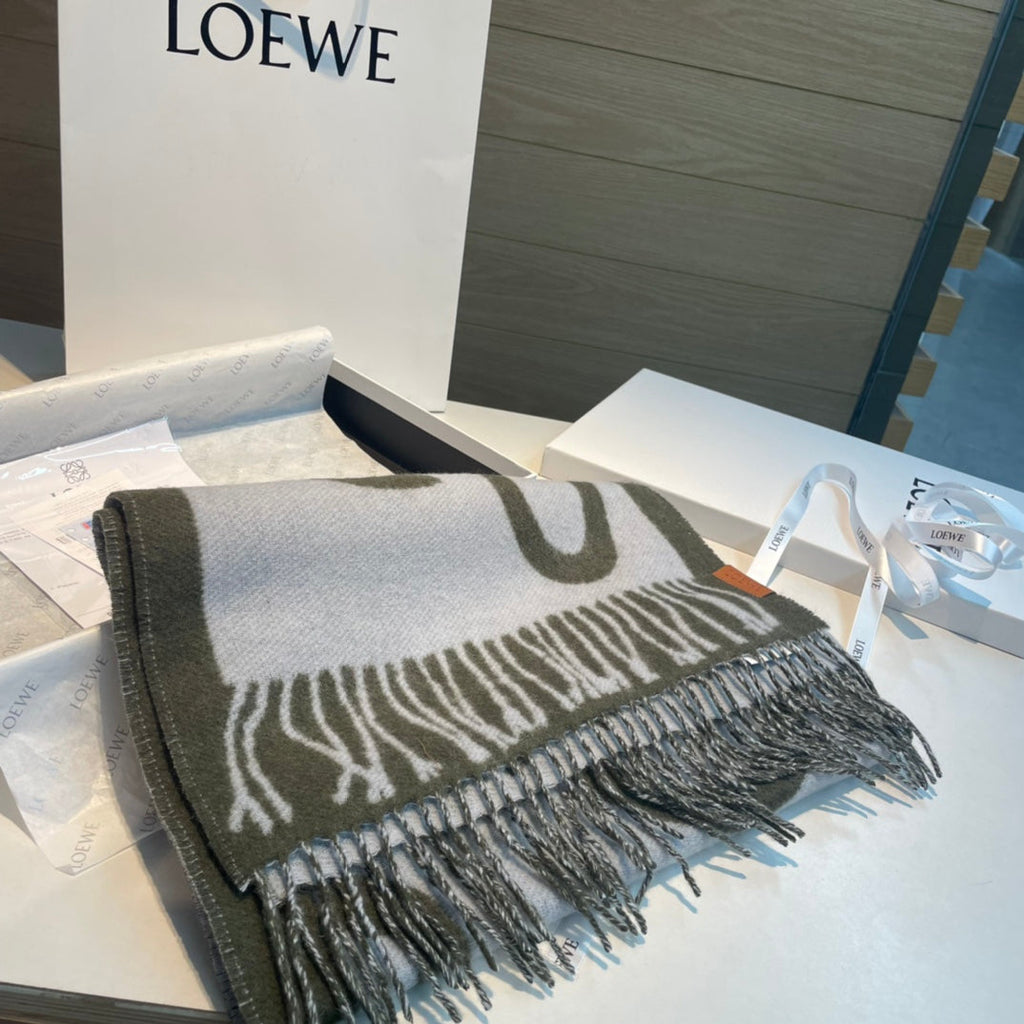 LOEWE SCARF 180 CM IN ARMY GREEN MIX WHITE WOOL AND CASHMERE 415268