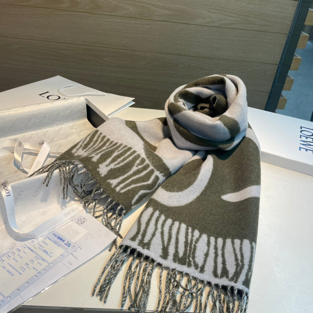 LOEWE SCARF 180 CM IN ARMY GREEN MIX WHITE WOOL AND CASHMERE 415268