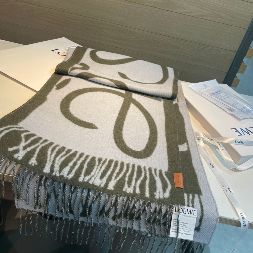 LOEWE SCARF 180 CM IN ARMY GREEN MIX WHITE WOOL AND CASHMERE 415268