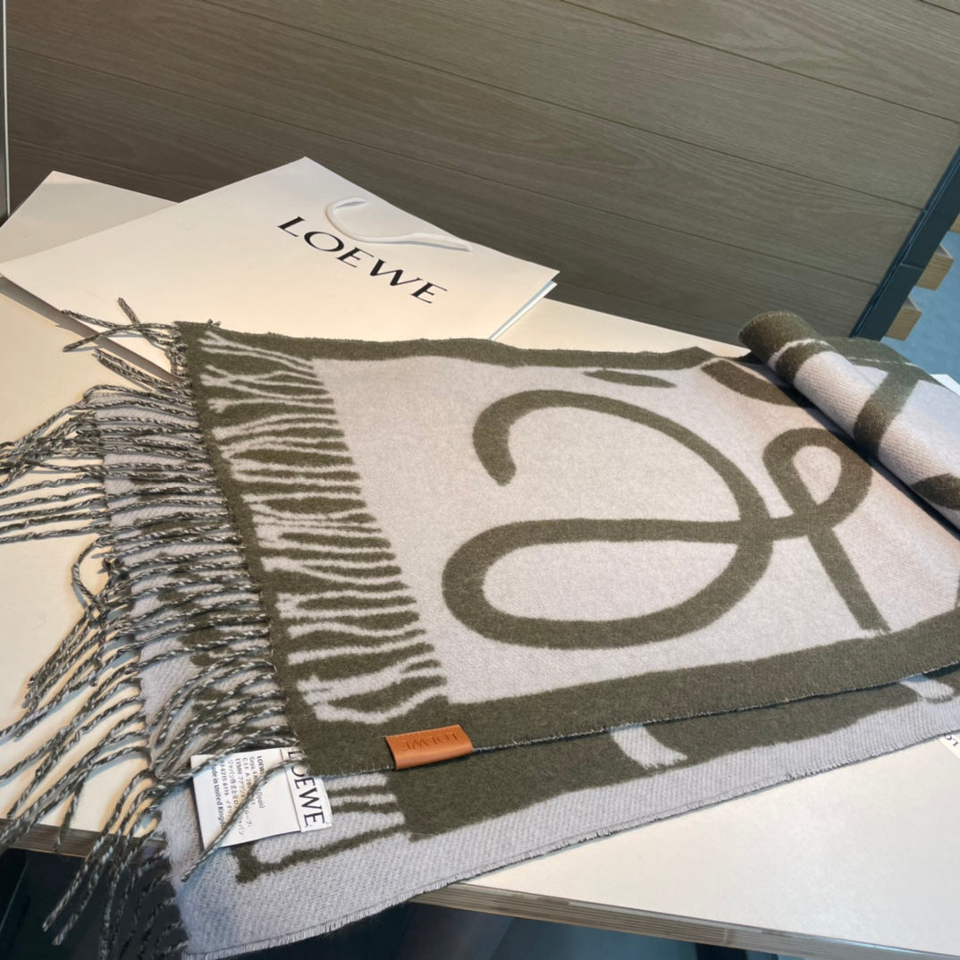 LOEWE SCARF 180 CM IN ARMY GREEN MIX WHITE WOOL AND CASHMERE 415268