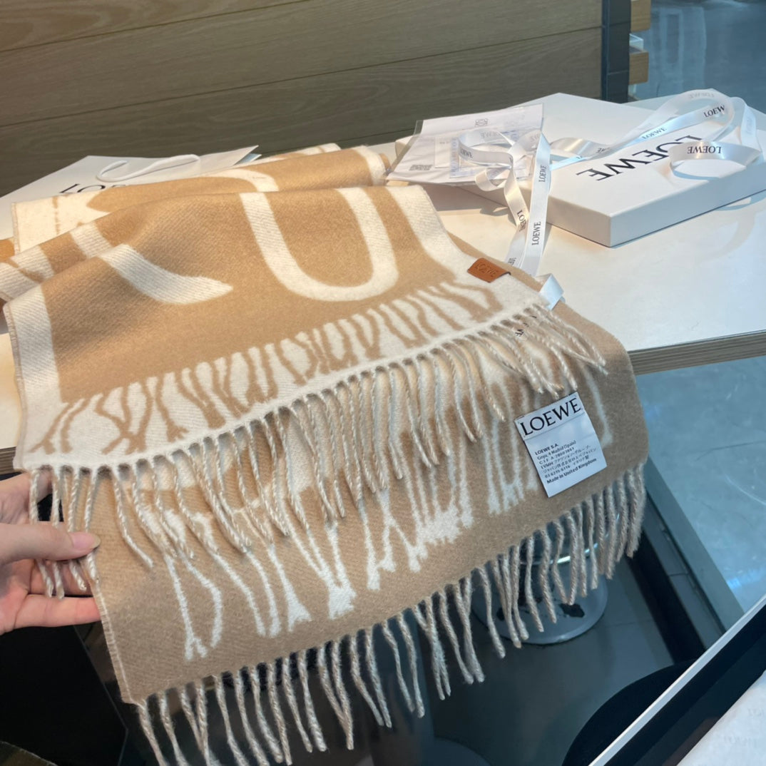 LOEWE SCARF 180 CM IN CAMEL BEIGE MIX WHITE WOOL AND CASHMERE 415269