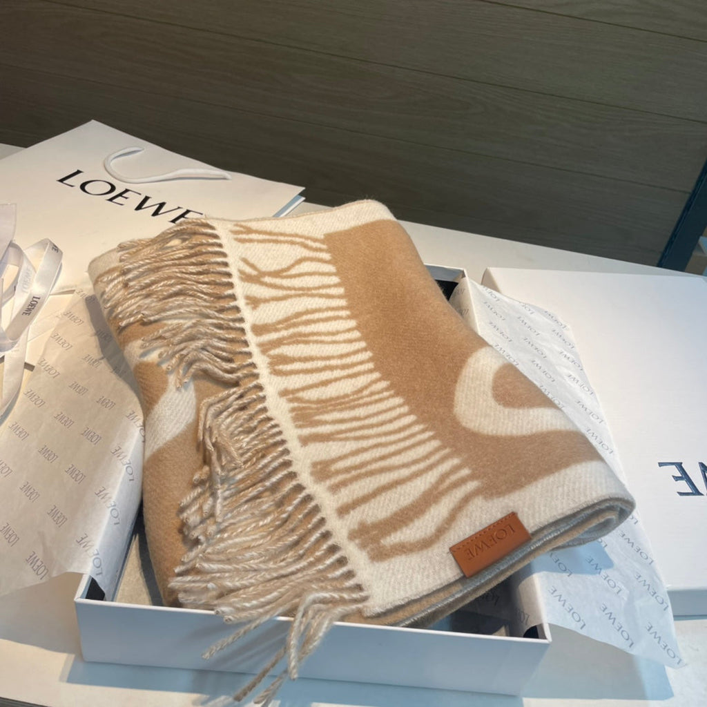 LOEWE SCARF 180 CM IN CAMEL BEIGE MIX WHITE WOOL AND CASHMERE 415269