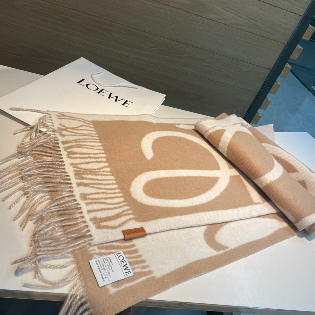 LOEWE SCARF 180 CM IN CAMEL BEIGE MIX WHITE WOOL AND CASHMERE 415269