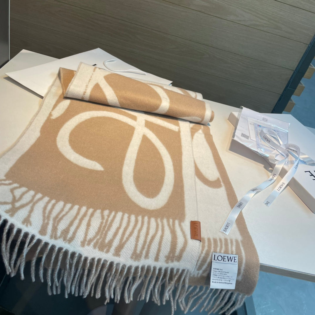 LOEWE SCARF 180 CM IN CAMEL BEIGE MIX WHITE WOOL AND CASHMERE 415269