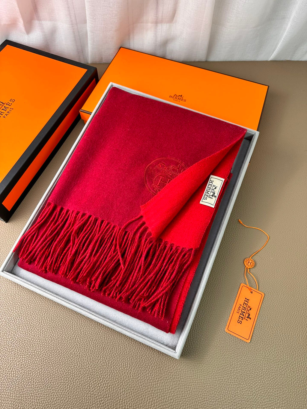 HERMES DOUBLE-FACE SCARF 200 CM IN CRIMSON RED CASERE