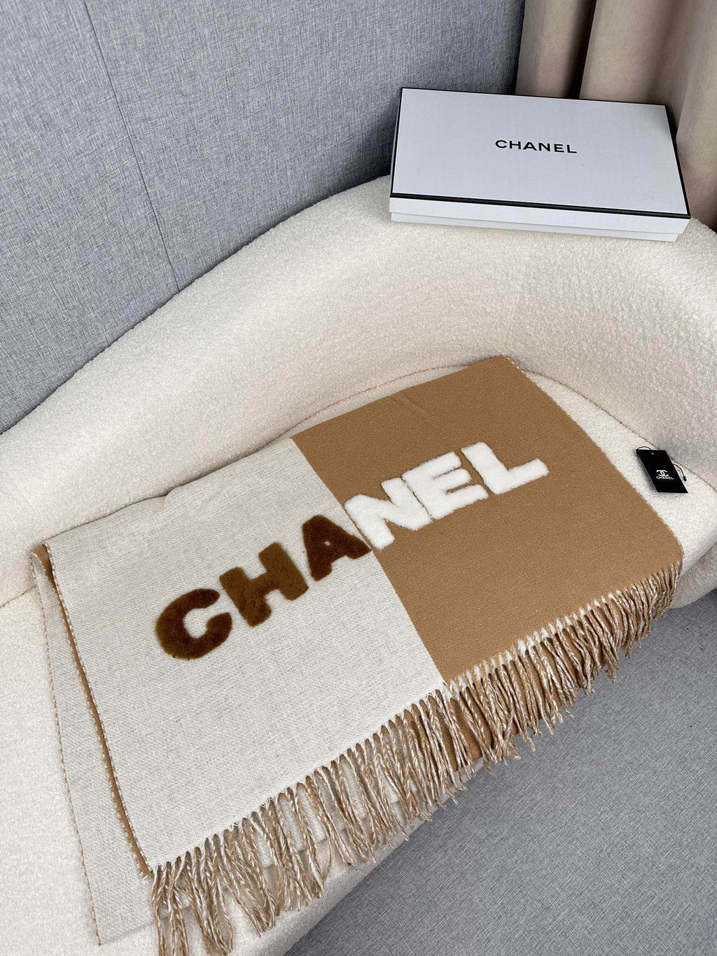 CHANEL SCARF 200 CM IN CIDER BROWN MIX WHITE CASHMERE AND WOOL 399796