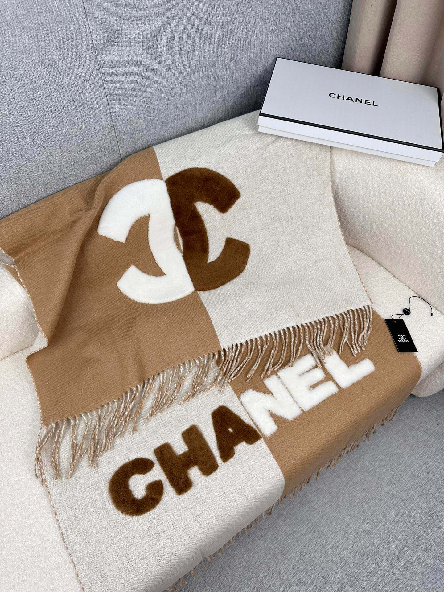 CHANEL SCARF 200 CM IN CIDER BROWN MIX WHITE CASHMERE AND WOOL 399796