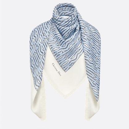 DIOR MISS  ALLOVER SHAWL 140 CM IN POWDER BLUE MIX WHITE SILK CASHMERE 411630