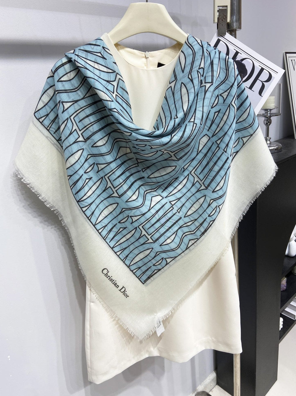 DIOR MISS  ALLOVER SHAWL 140 CM IN POWDER BLUE MIX WHITE SILK CASHMERE 411630