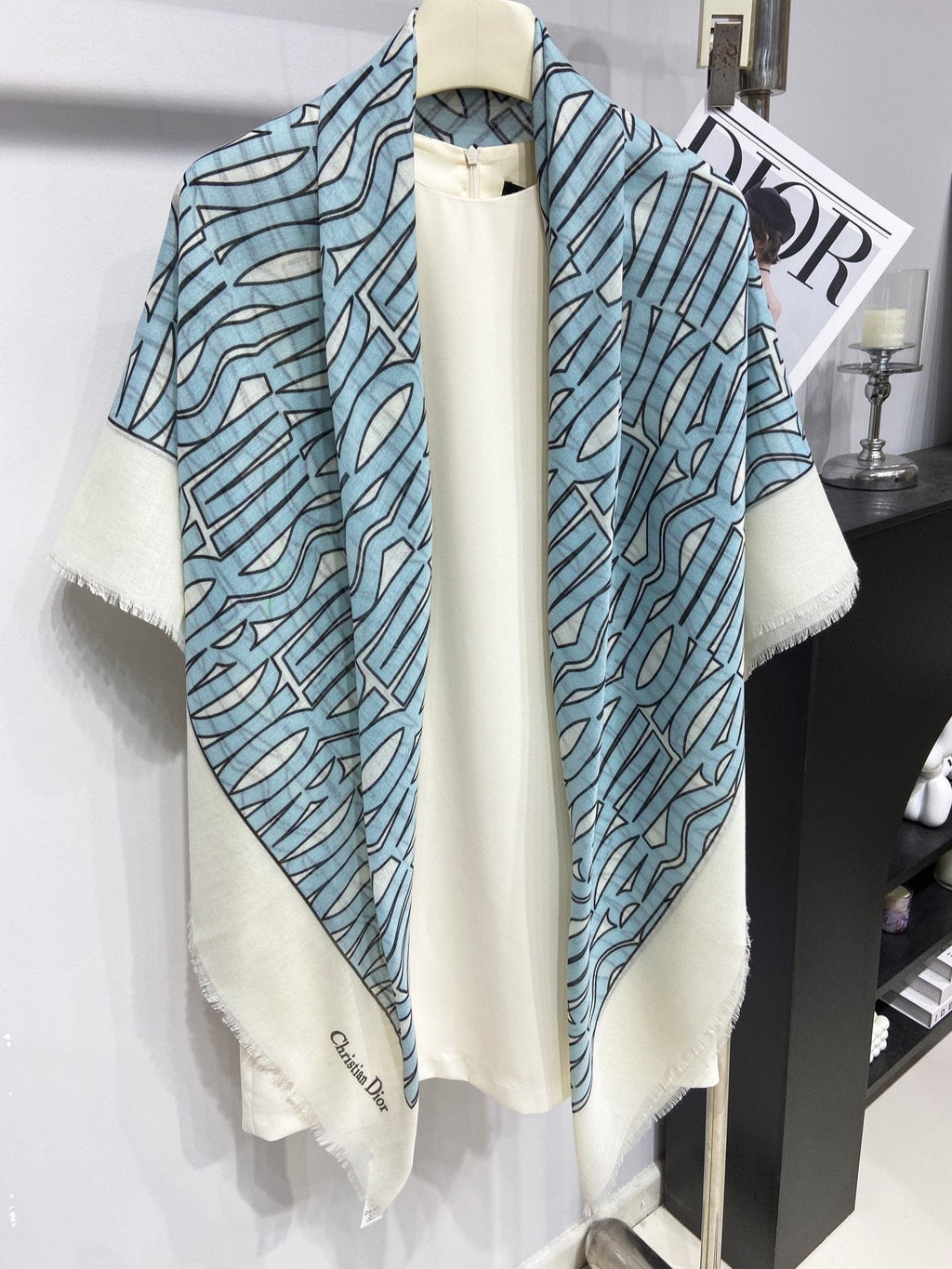DIOR MISS  ALLOVER SHAWL 140 CM IN POWDER BLUE MIX WHITE SILK CASHMERE 411630