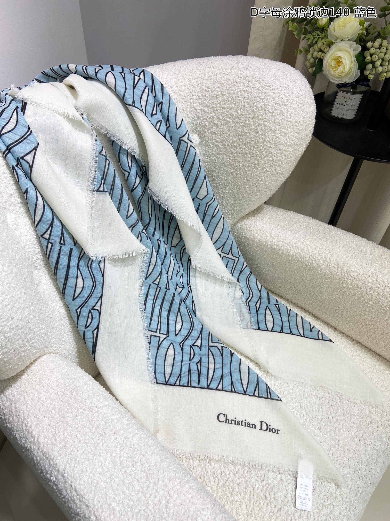 DIOR MISS  ALLOVER SHAWL 140 CM IN POWDER BLUE MIX WHITE SILK CASHMERE 411630