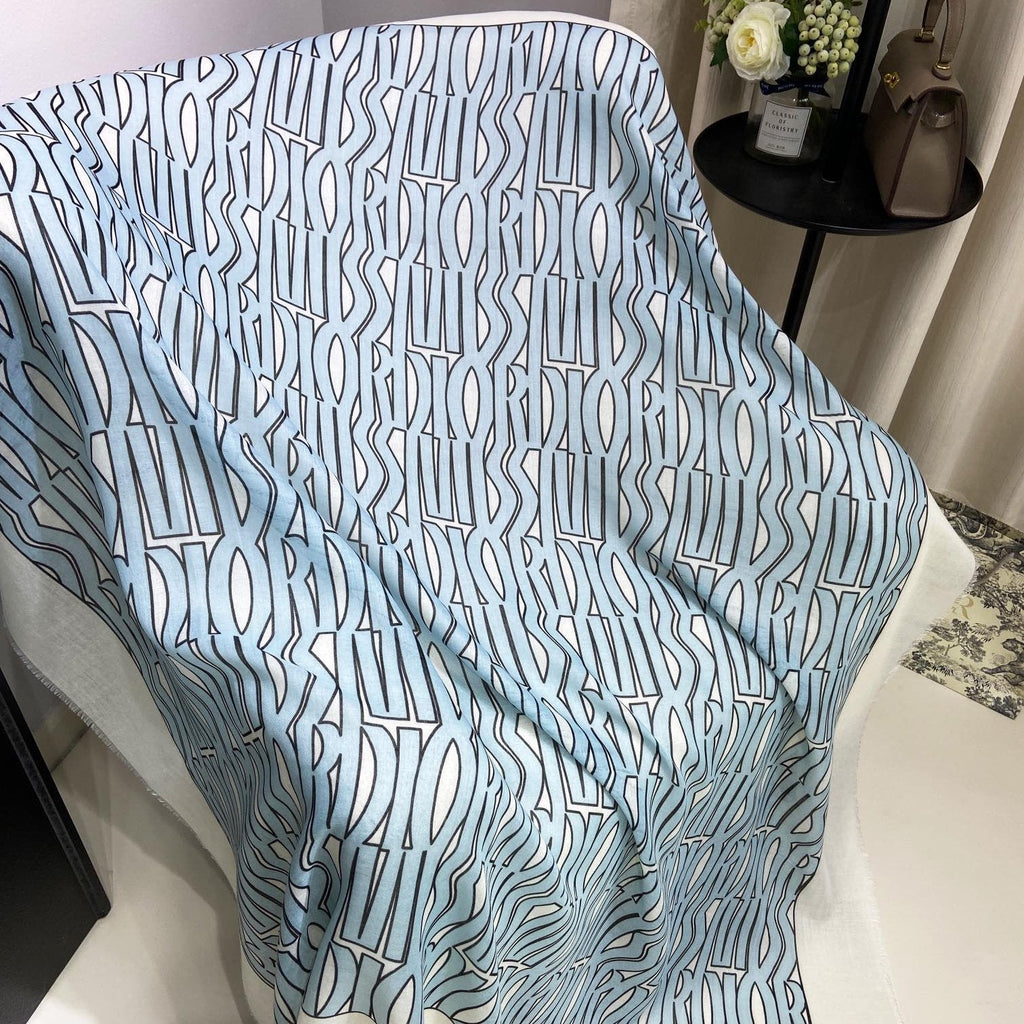 DIOR MISS  ALLOVER SHAWL 140 CM IN POWDER BLUE MIX WHITE SILK CASHMERE 411630