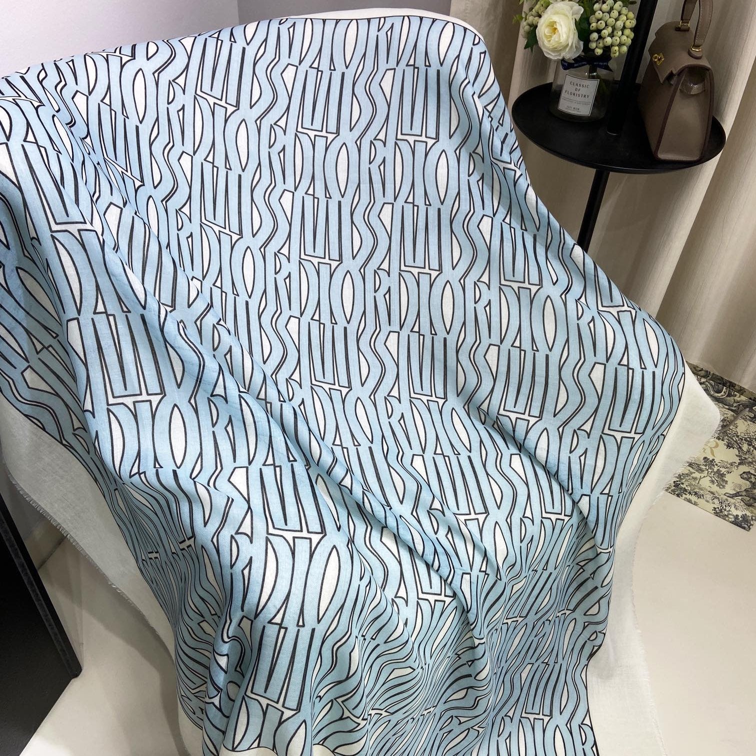 DIOR MISS  ALLOVER SHAWL 140 CM IN POWDER BLUE MIX WHITE SILK CASHMERE 411630
