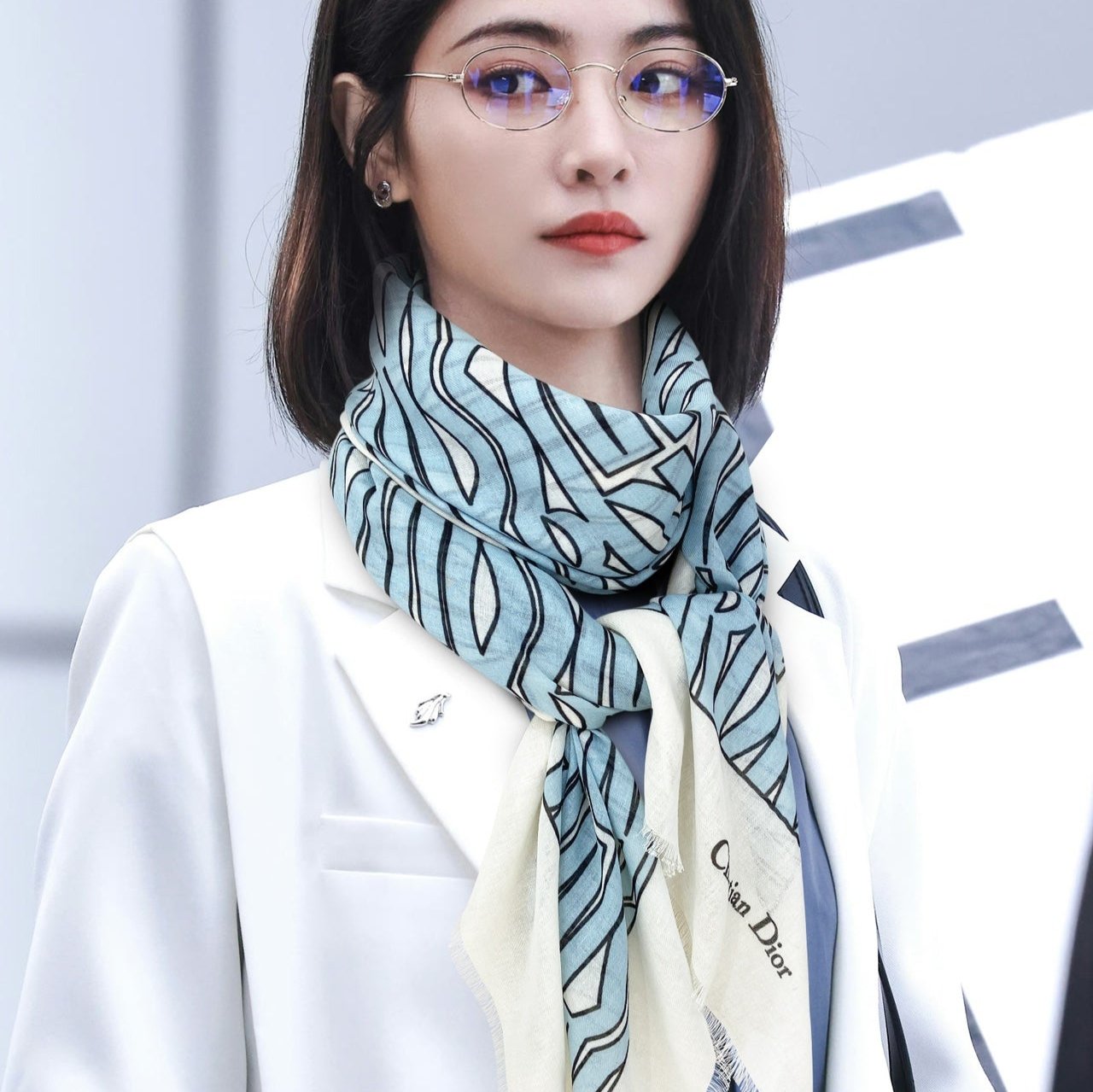 DIOR MISS  ALLOVER SHAWL 140 CM IN POWDER BLUE MIX WHITE SILK CASHMERE 411630