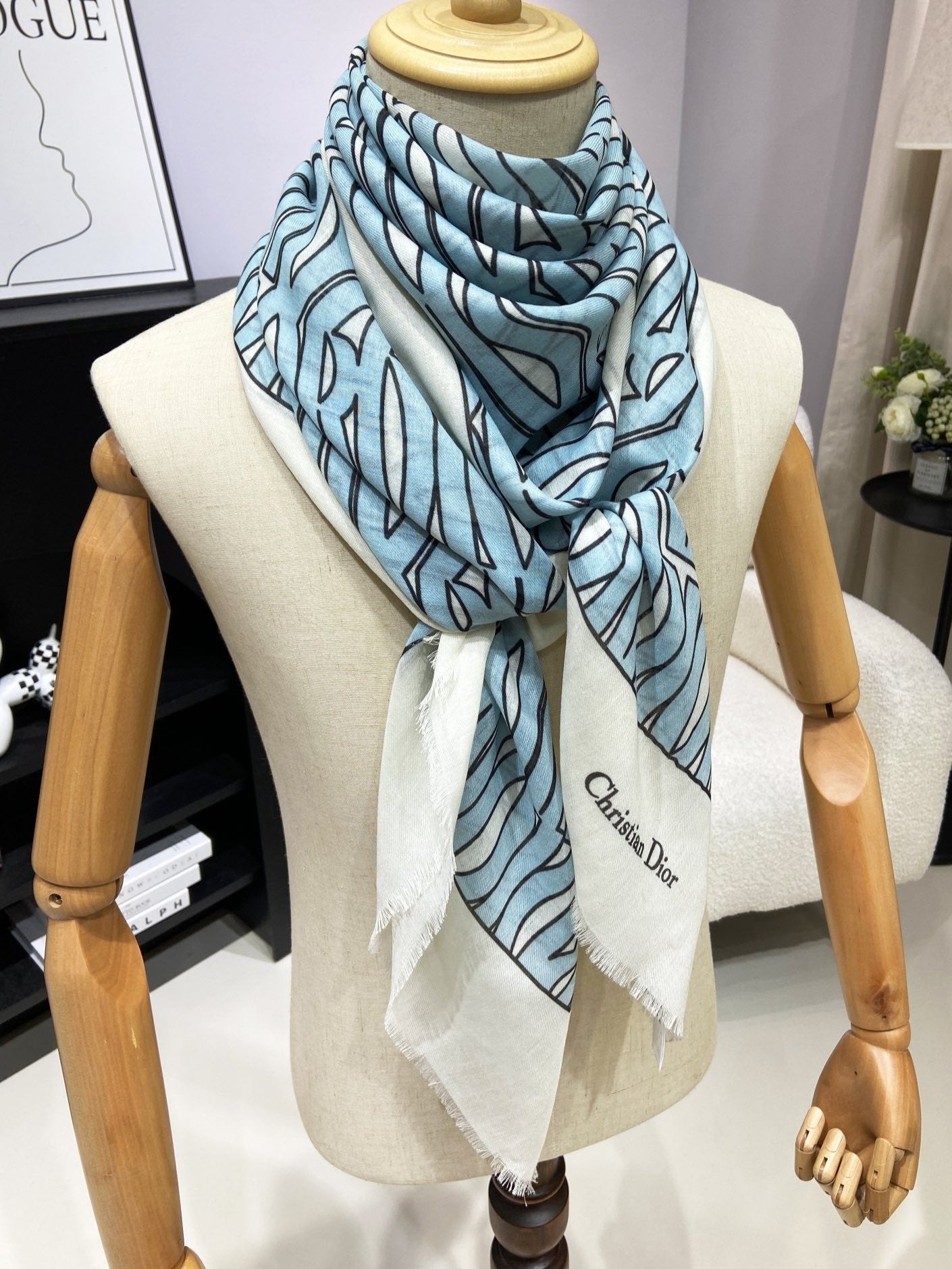 DIOR MISS  ALLOVER SHAWL 140 CM IN POWDER BLUE MIX WHITE SILK CASHMERE 411630