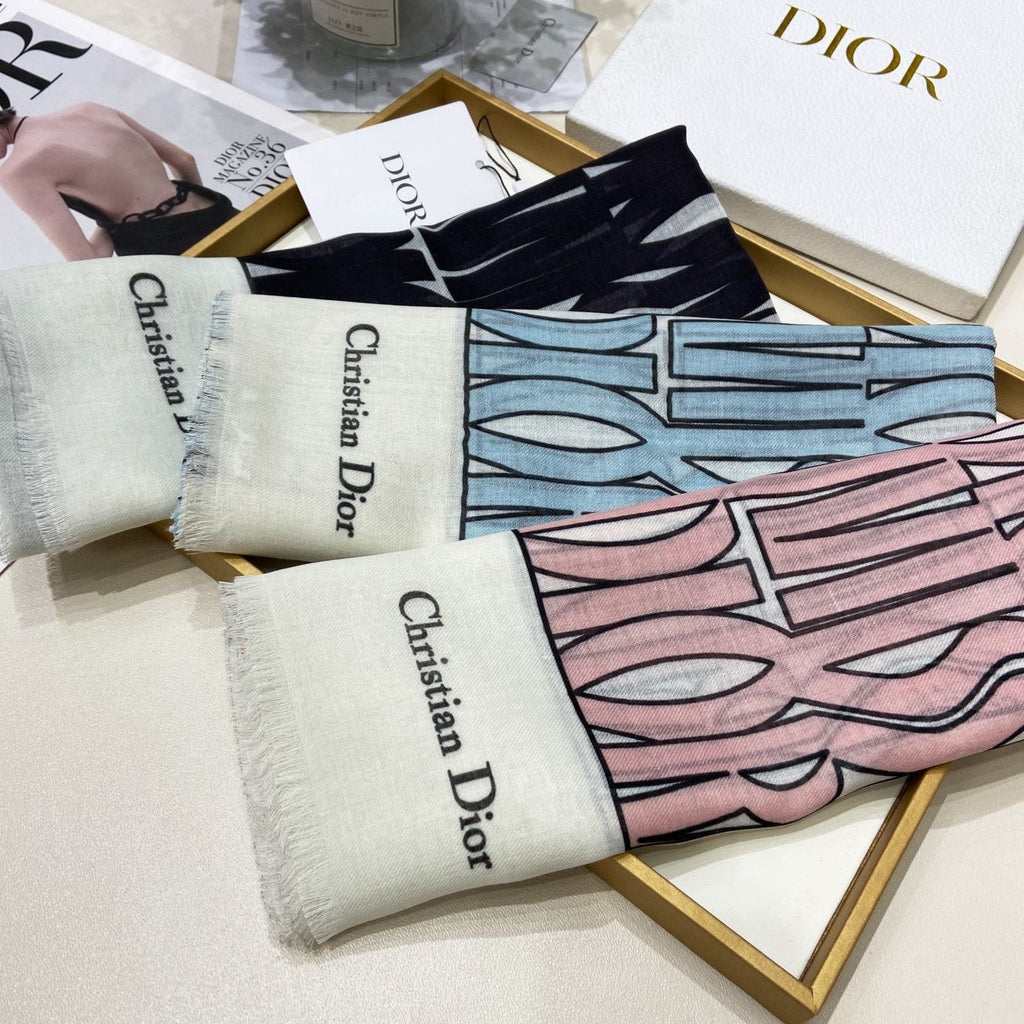 DIOR MISS  ALLOVER SHAWL 140 CM IN POWDER BLUE MIX WHITE SILK CASHMERE 411630
