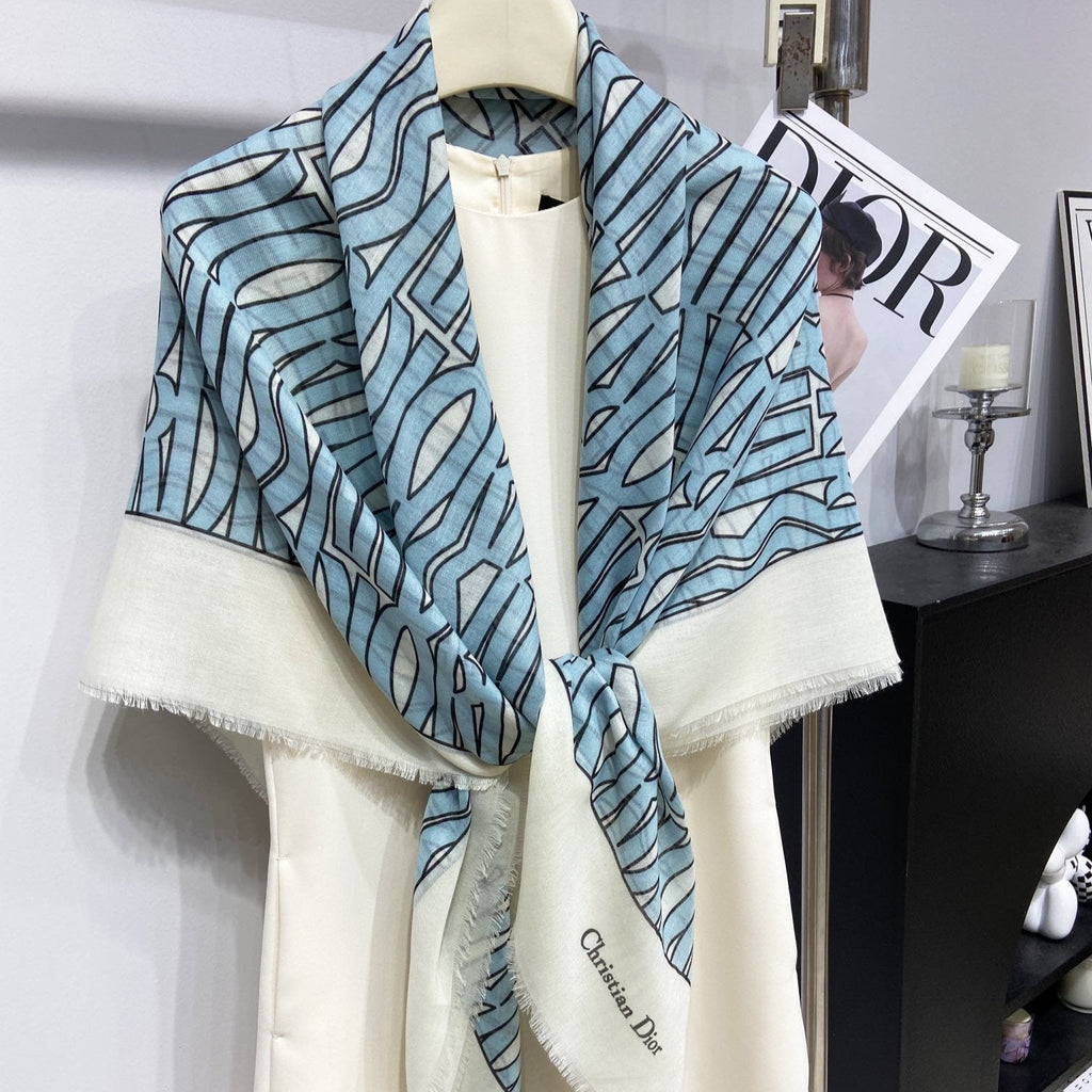 DIOR MISS  ALLOVER SHAWL 140 CM IN POWDER BLUE MIX WHITE SILK CASHMERE 411630