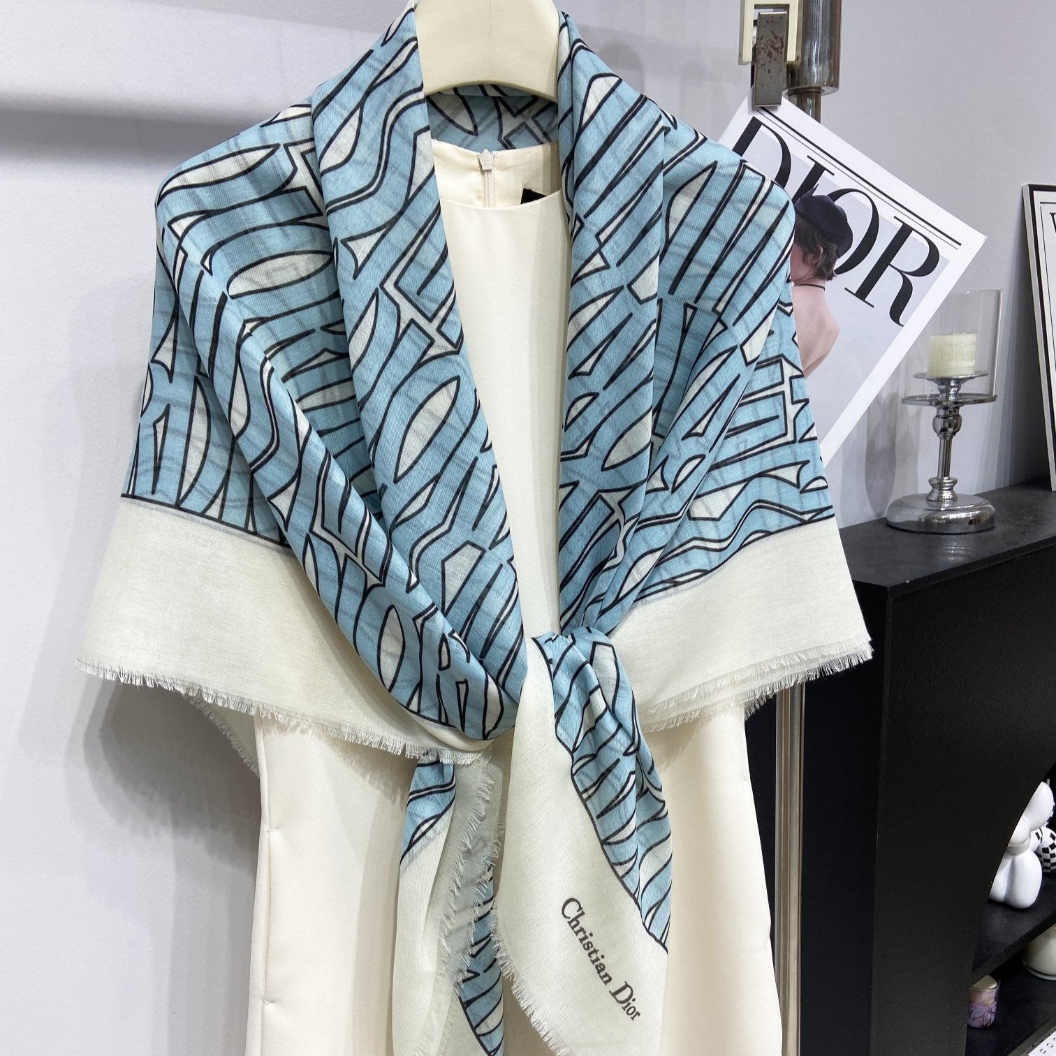 DIOR MISS  ALLOVER SHAWL 140 CM IN POWDER BLUE MIX WHITE SILK CASHMERE 411630